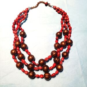 Triple strand necklace, deep red and bronze